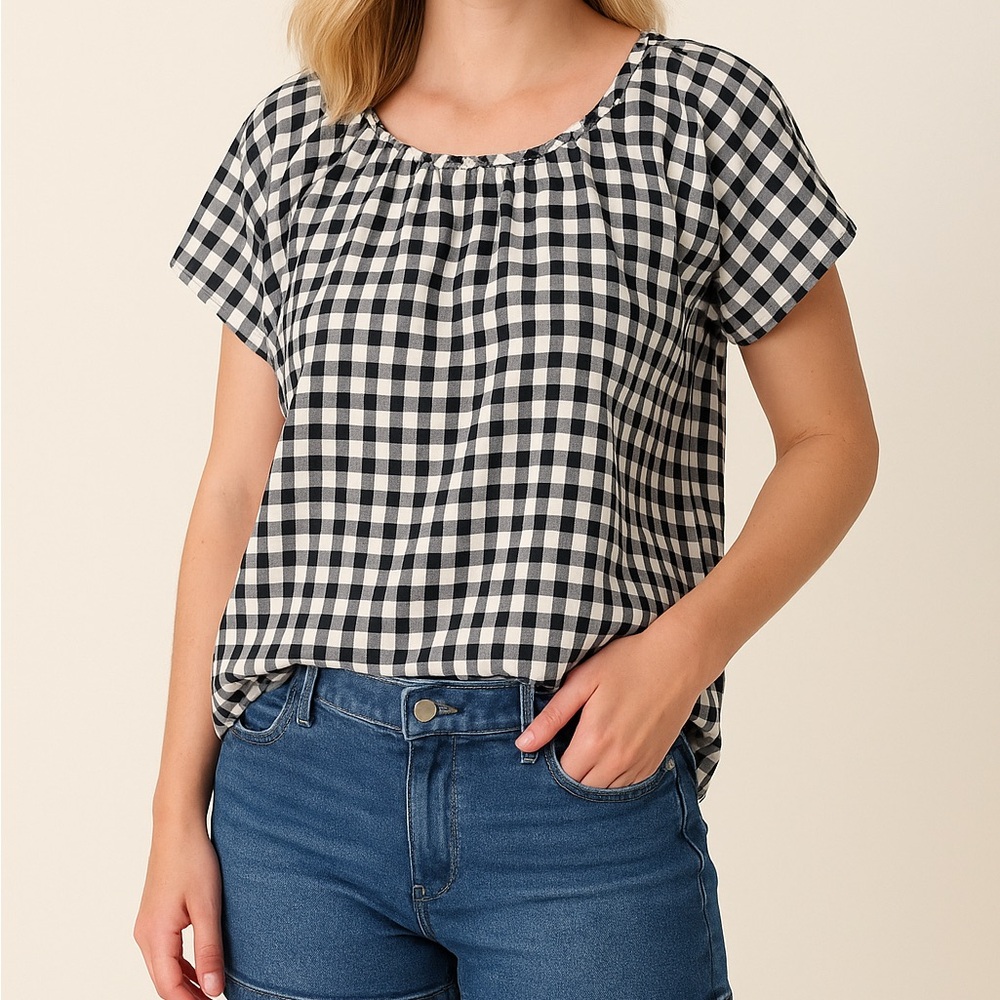 ANDREE BY UNIT gray/white gingham plaid check short sleeve top size small summer